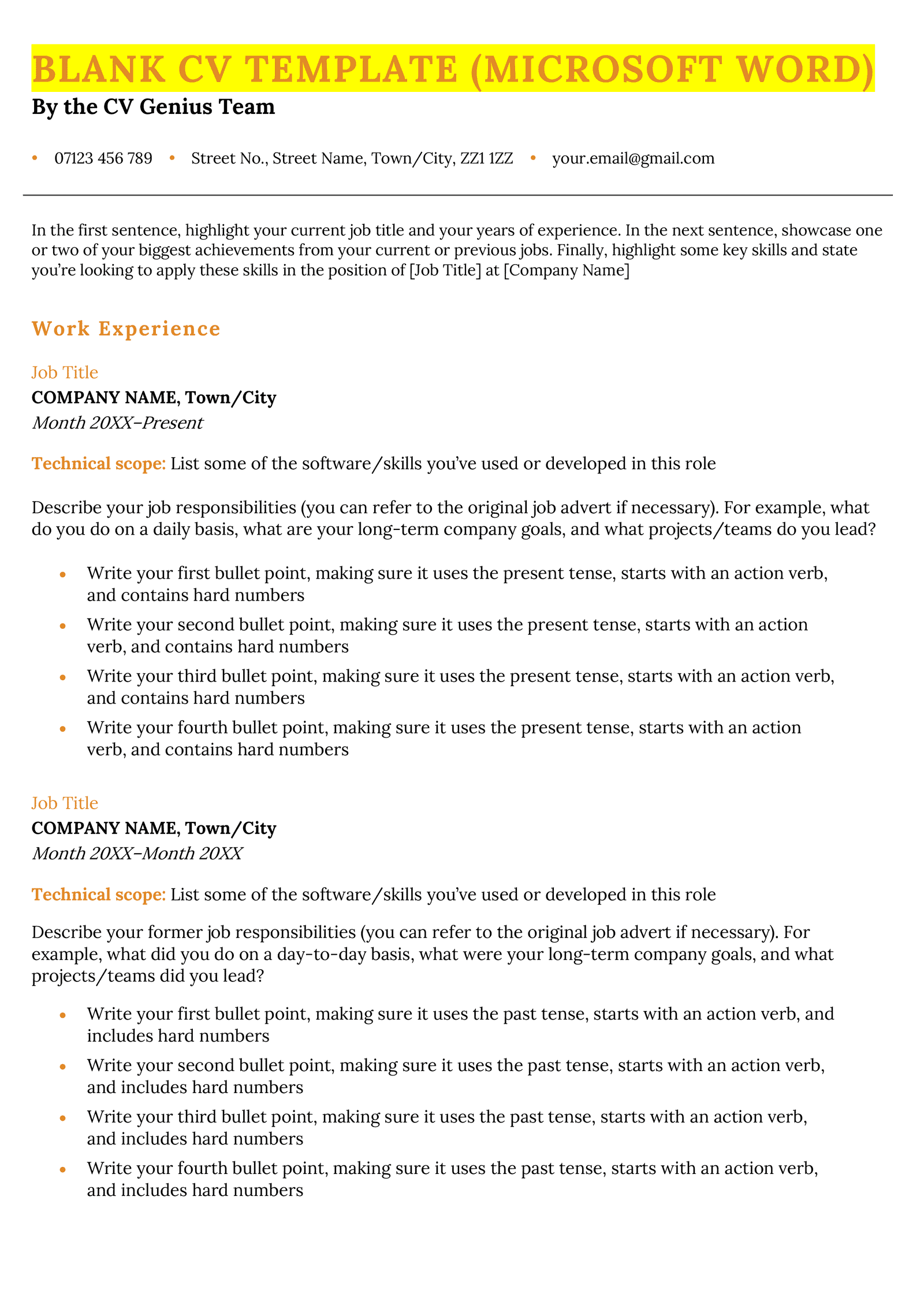 A blank CV template for Word that you can download and fill in with your own information.