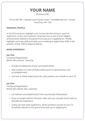 A blank free government CV template with simple black-and-white text and all-caps headers.
