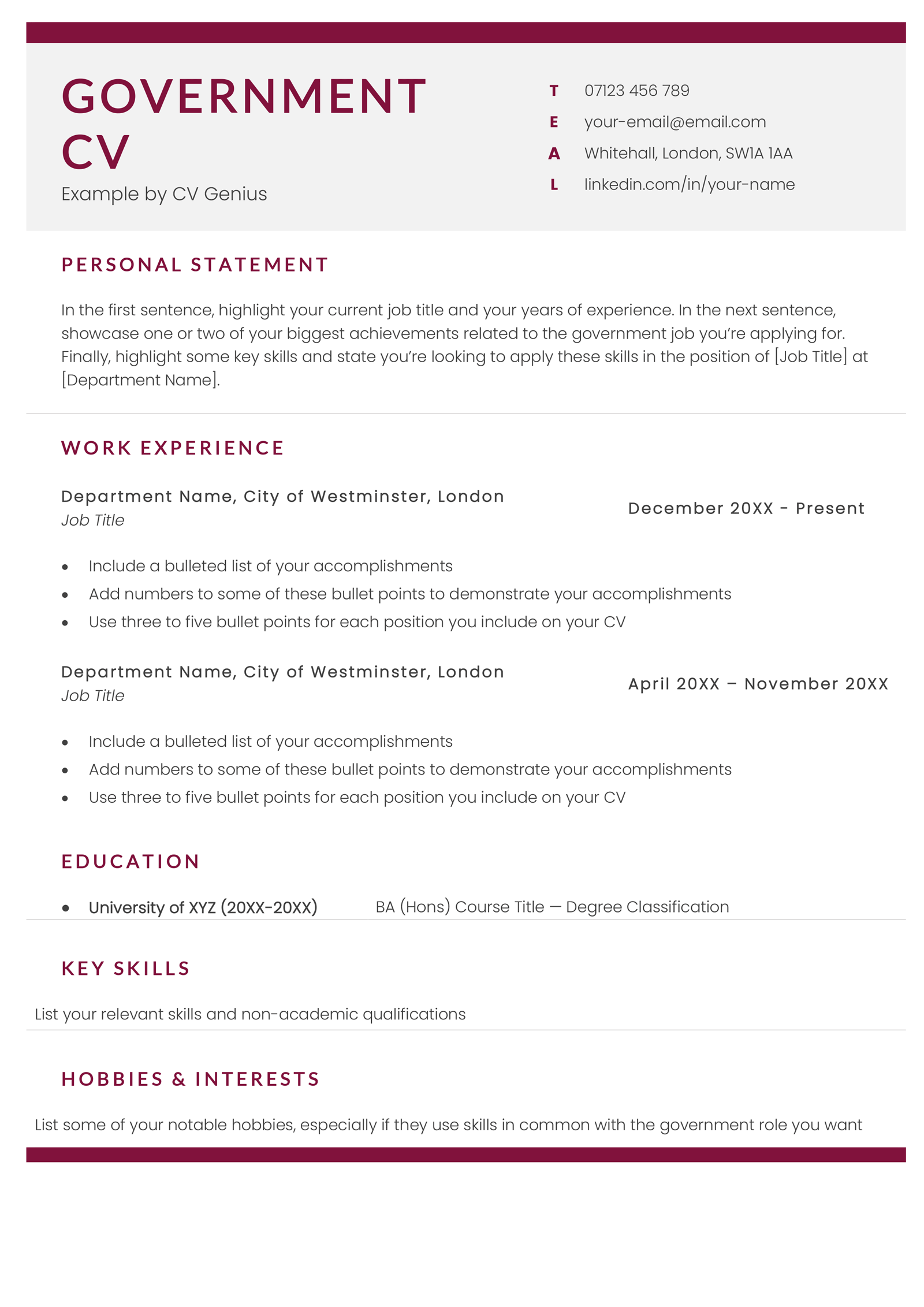 A blank free government CV template.