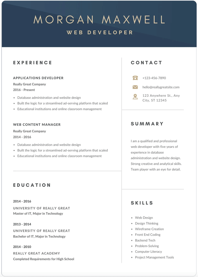 The Blue Creative Canva CV template, which features a blue header with green text, and clean boxes for each CV section.