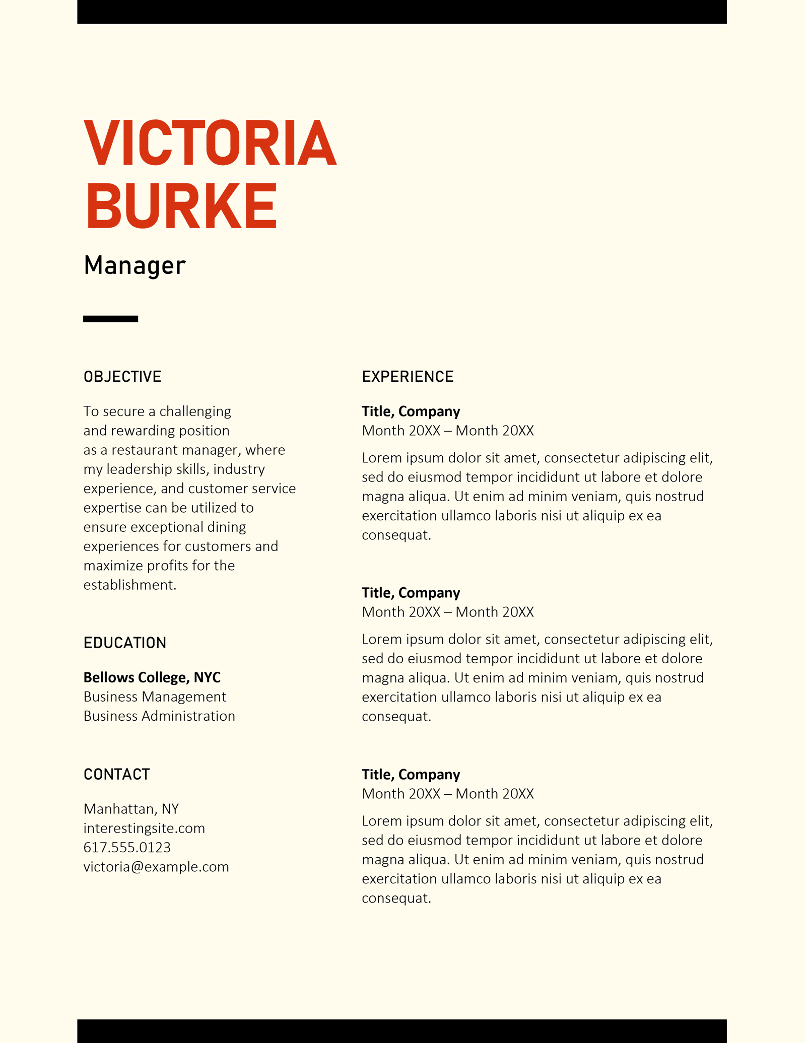 Bold CV Template from Microsoft Word with an off-white background, thick black bars framing the top and bottom of the CV, a bold orange header, and a two-column layout.