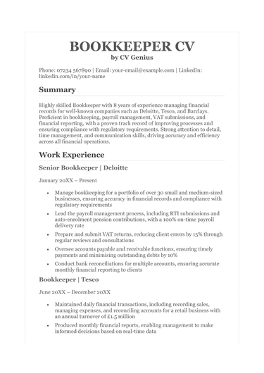 The first page of a bookkeeper CV example.