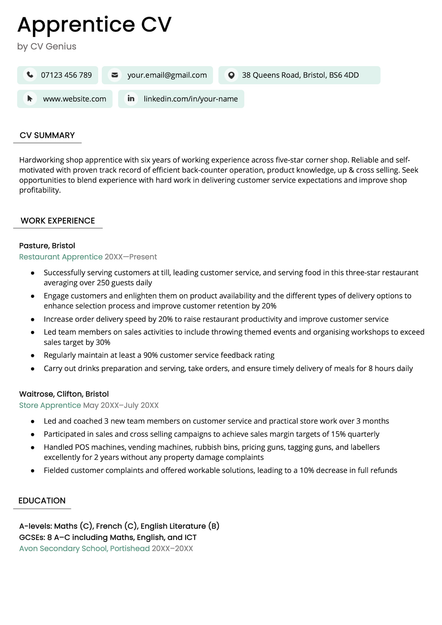 An example CV for an apprentice using the Bristol template.