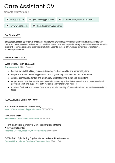 An example care assistant CV using the Bristol template.