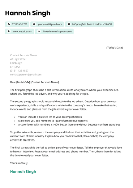 The Bristol cover letter in green.