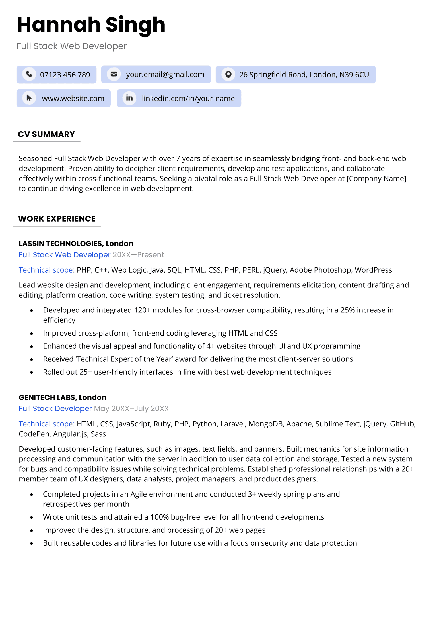 The first page of the Bristol CV template in blue, which features small contact information ‘tabs’ that stand out to provide employers with a quick way to see how to contact the candidate. The rest of the page contains a CV summary and work experience information