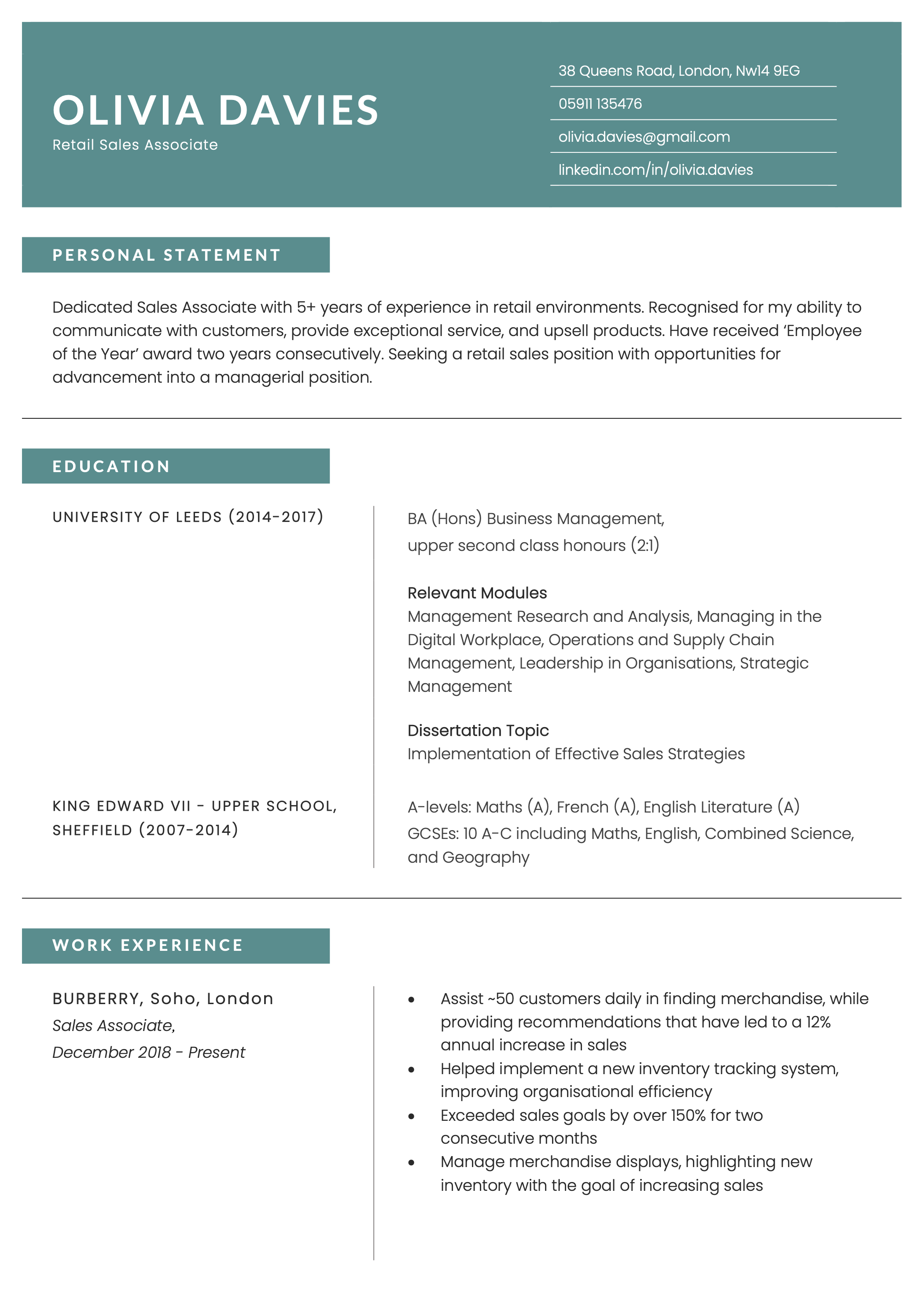 The first page of the Brixton modern CV template.