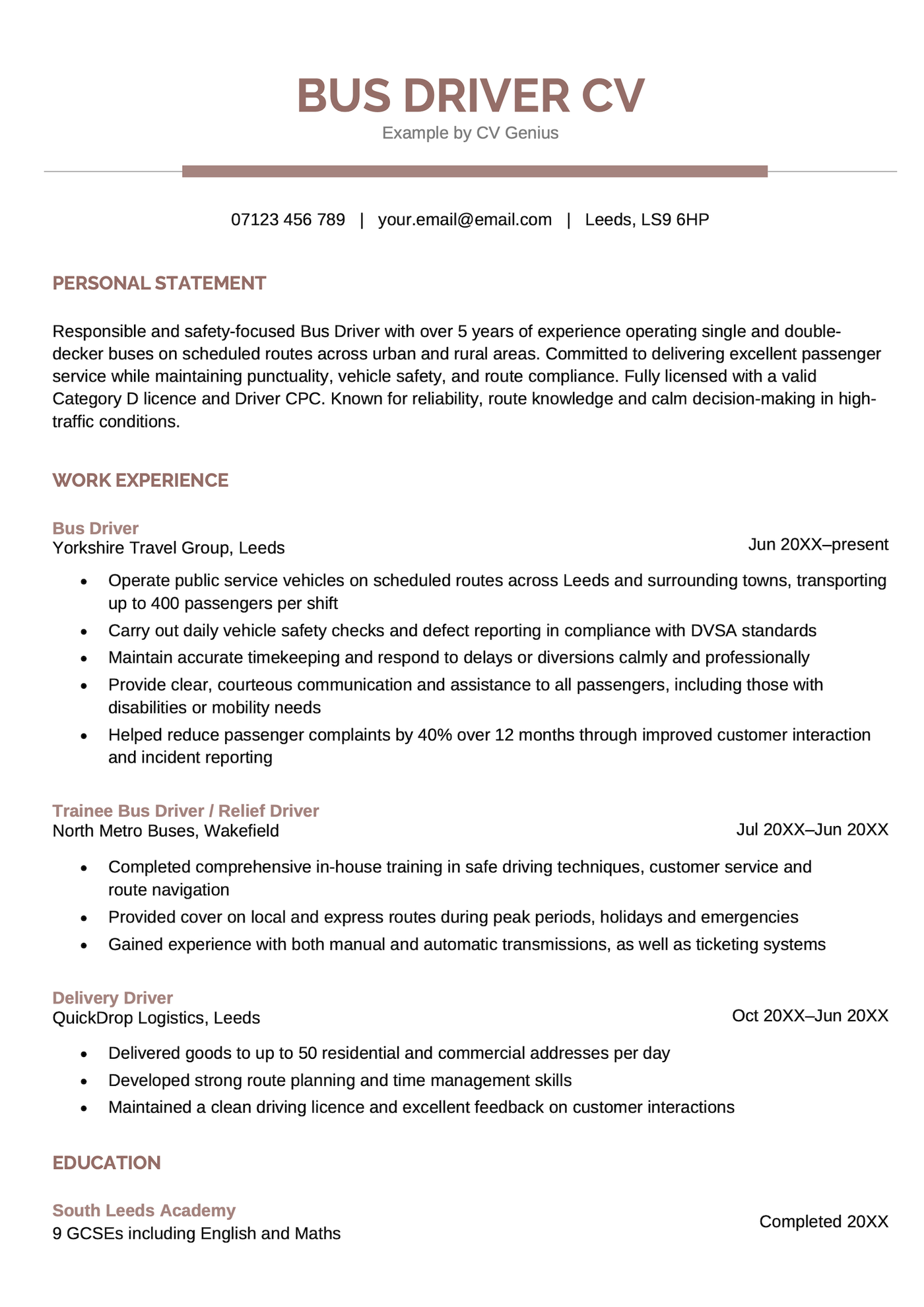 A bus driver CV example.