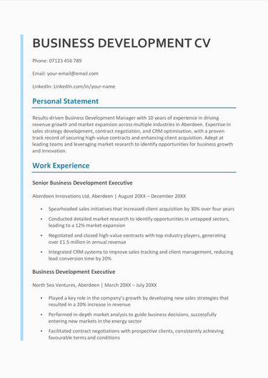 The first page of a business development manager CV example.