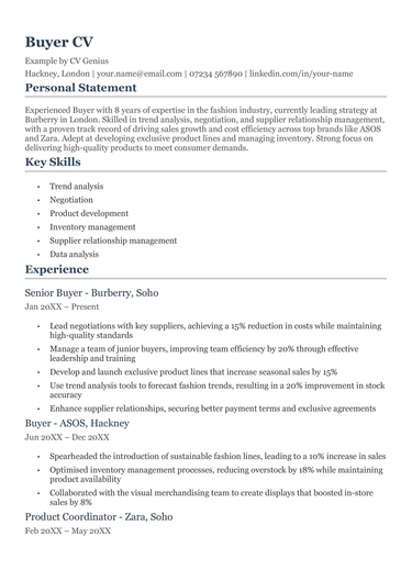 The first page of a buyer CV example