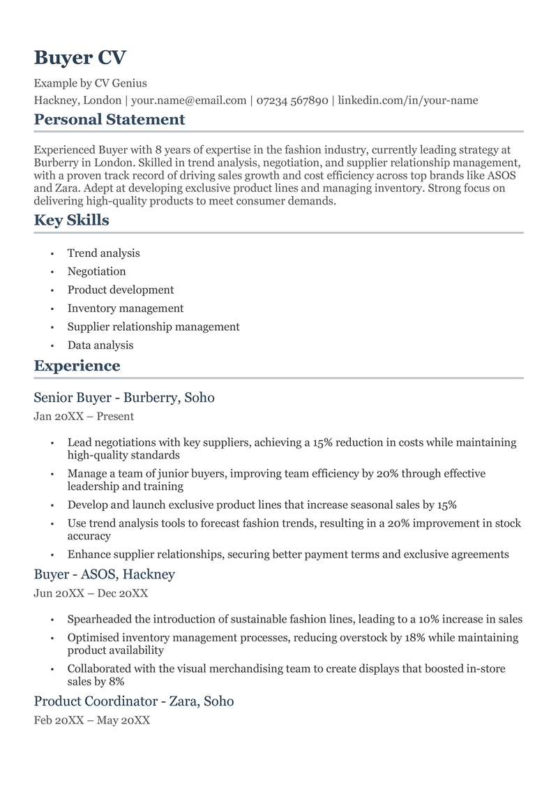 The first page of a buyer CV example