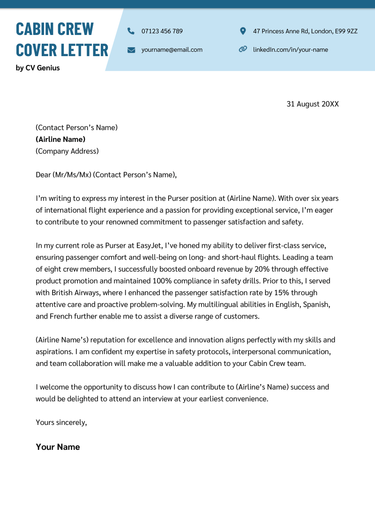 A cabin crew cover letter example for UK job seekers.