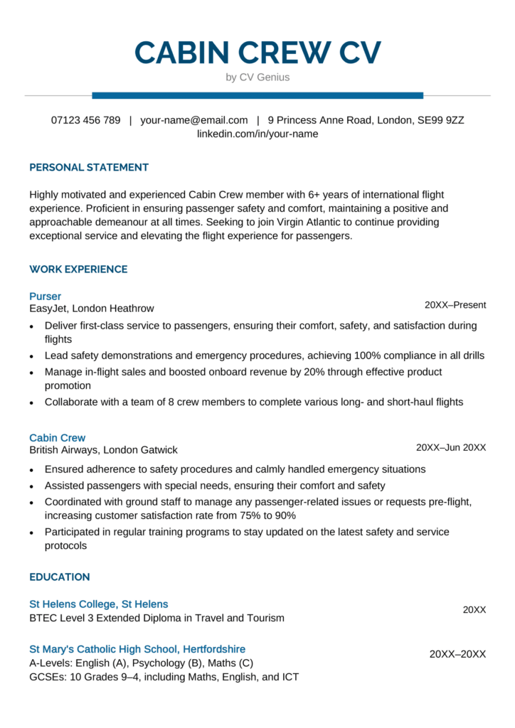 Cabin Crew CV Example Template Free Download 