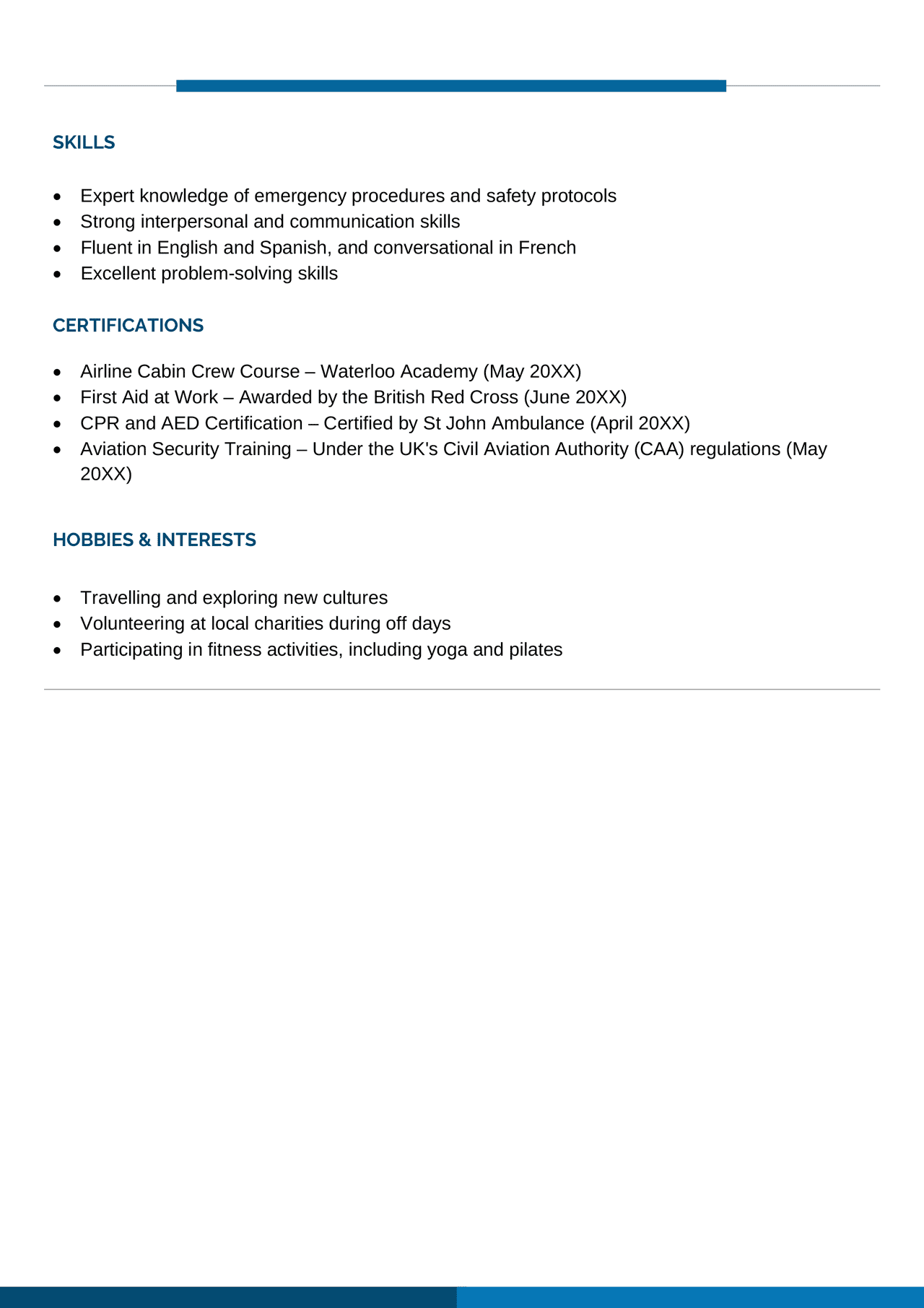 Cabin Crew CV Example, Template, & Writing Guide