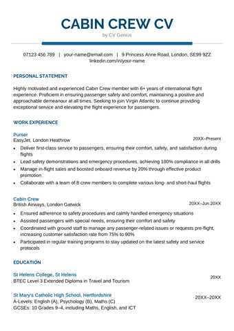 A cabin crew CV example in a blue-themed template.