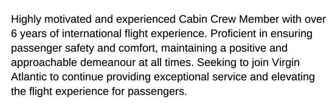 A cabin crew CV personal statement example written in black text on a white page.