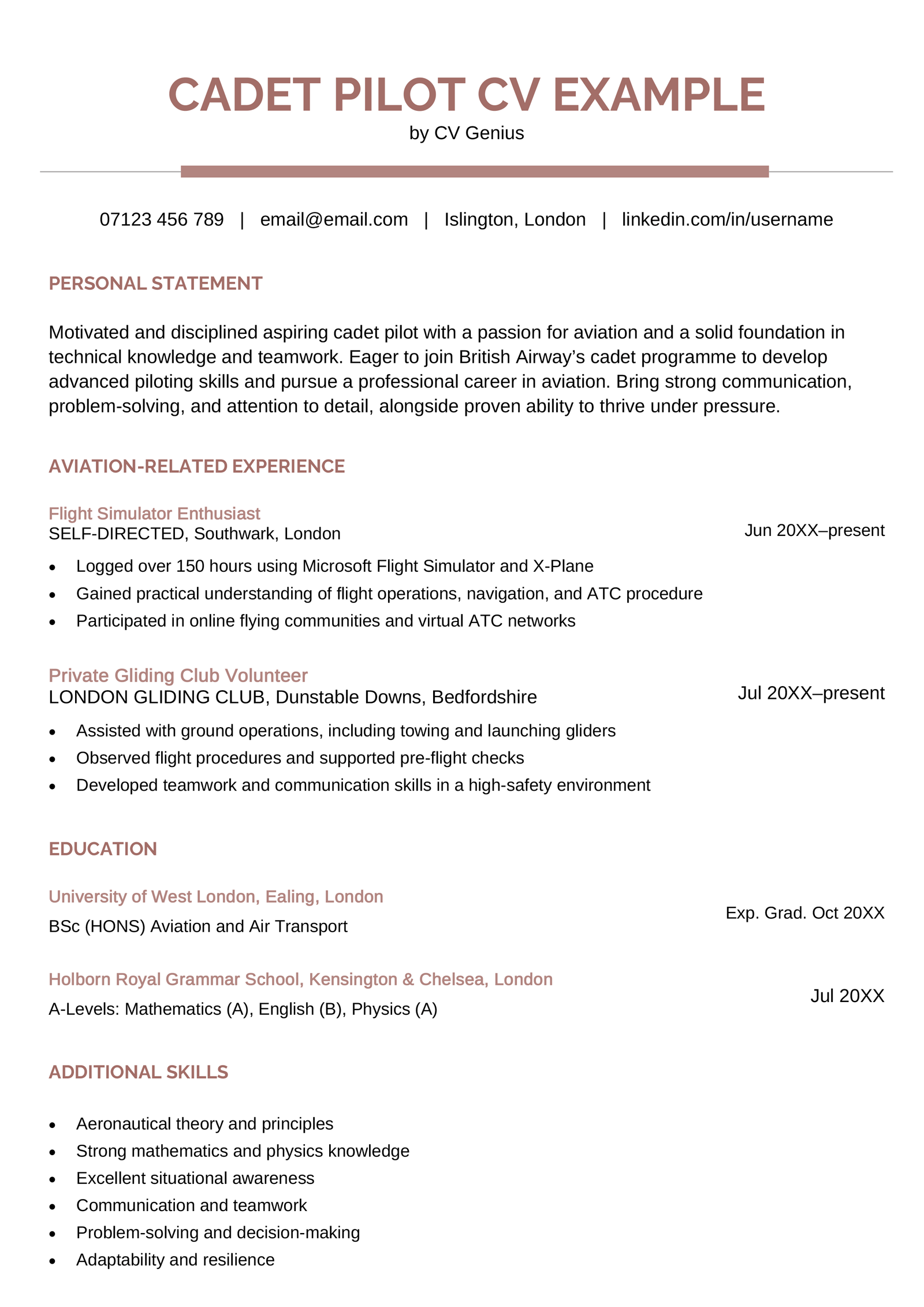 A cadet pilot CV example.