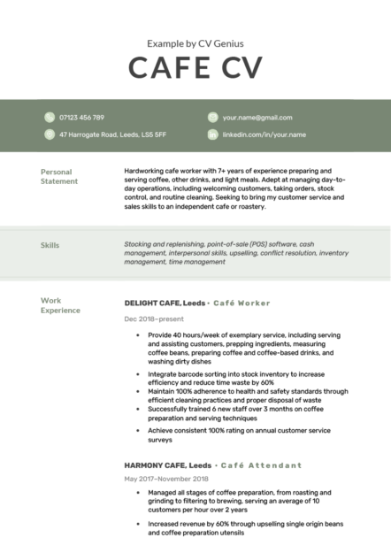 The first page of a green cafe worker CV with the applicant's contact information, personal statement, and work experience