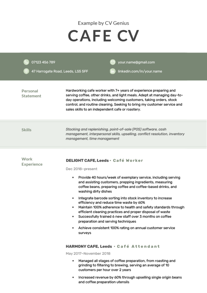 resume examples for coffee cafe