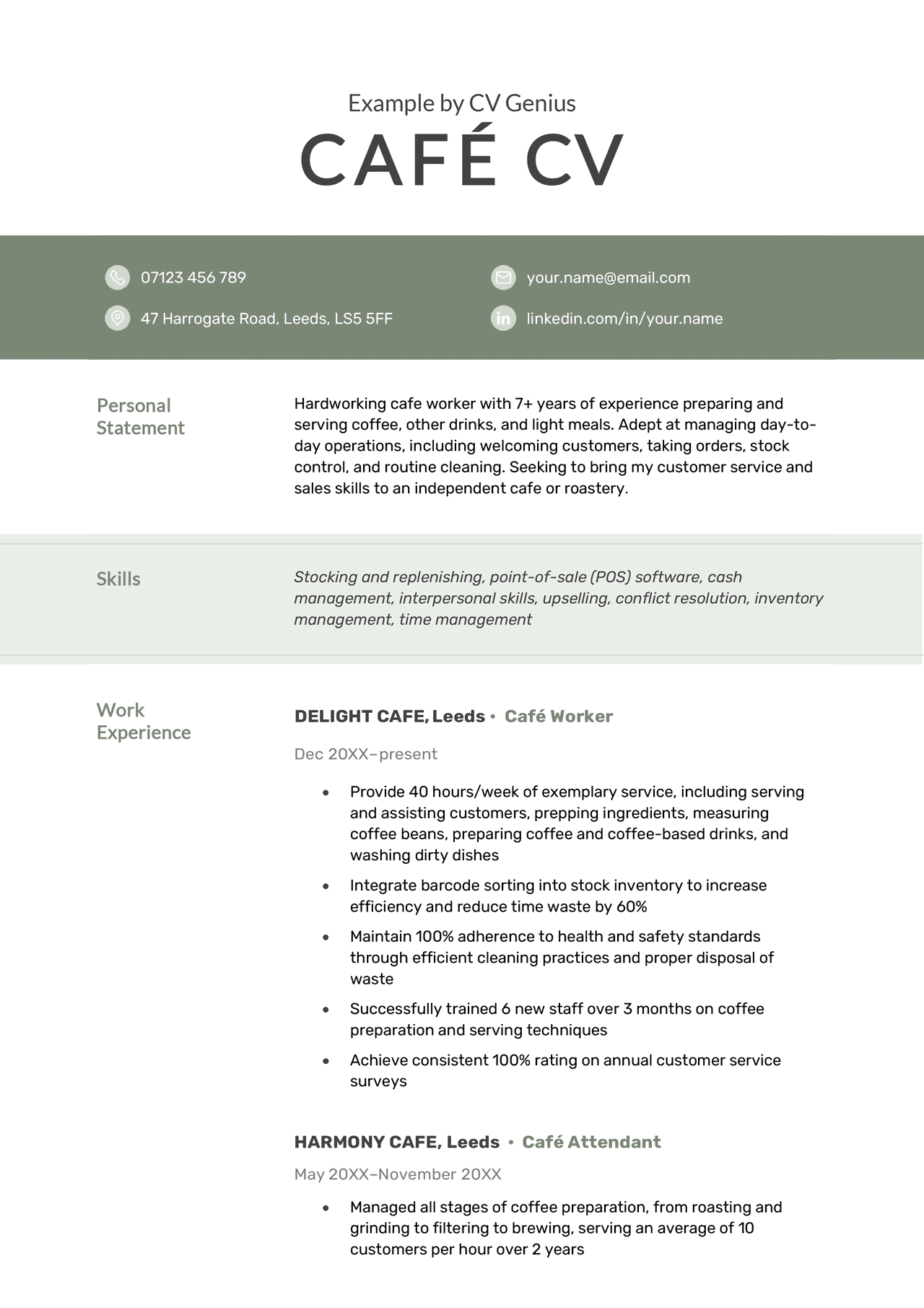 The first page of a green cafe worker CV with the applicant's contact information, personal statement, and work experience