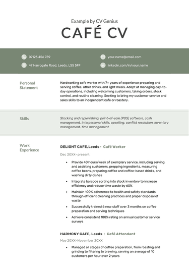 The first page of a green cafe worker CV with the applicant's contact information, personal statement, and work experience