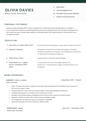 The simple Cambridge CV Template in green, which has minimal green header and footer accents and a timeline graphic in the education section.
