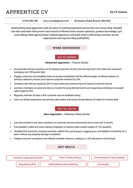 An example CV for an apprentice using the Canterbury template.