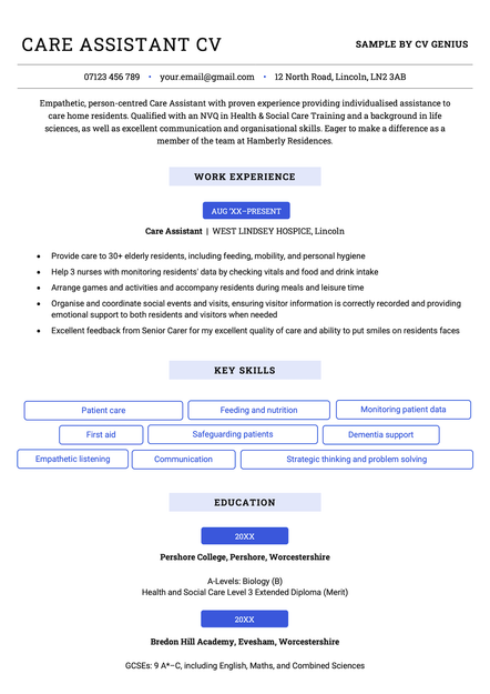 An example care assistant CV using the Canterbury template.