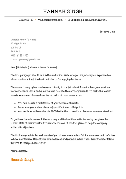 The Canterbury cover letter template in orange.