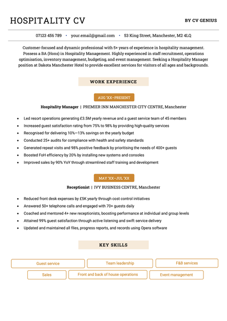 A hospitality CV example using the Canterbury template.