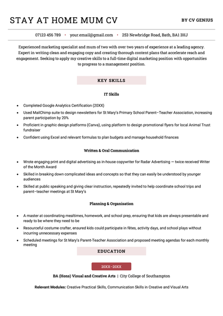 An example stay at home mum CV using the Canterbury template.