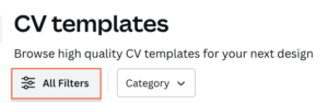 A screenshot of Canva's search filter to show how to find a free Canva CV template