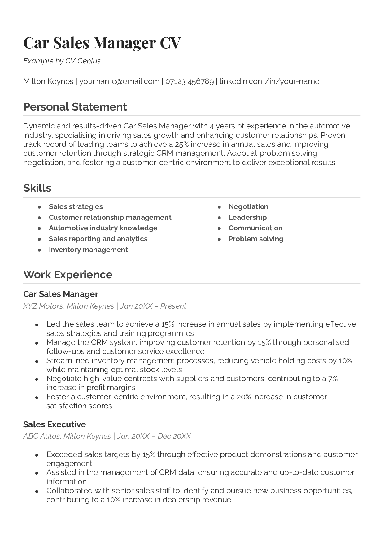 The first page of a car sales CV example.