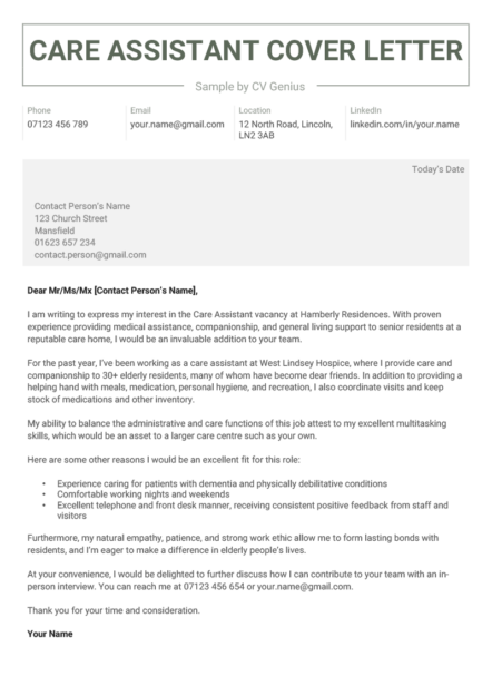 A care assistant cover letter sample with a bolded pale green header and the applicant's experience and skills outlined across several paragraphs.