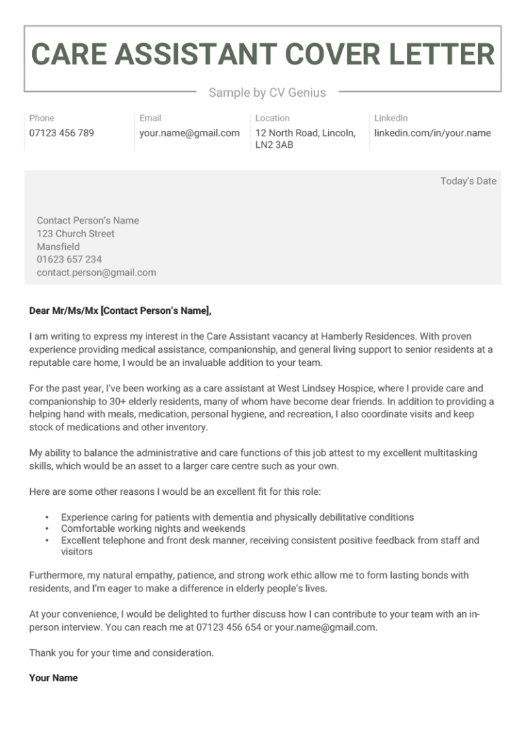 cover letter for care assistant job example