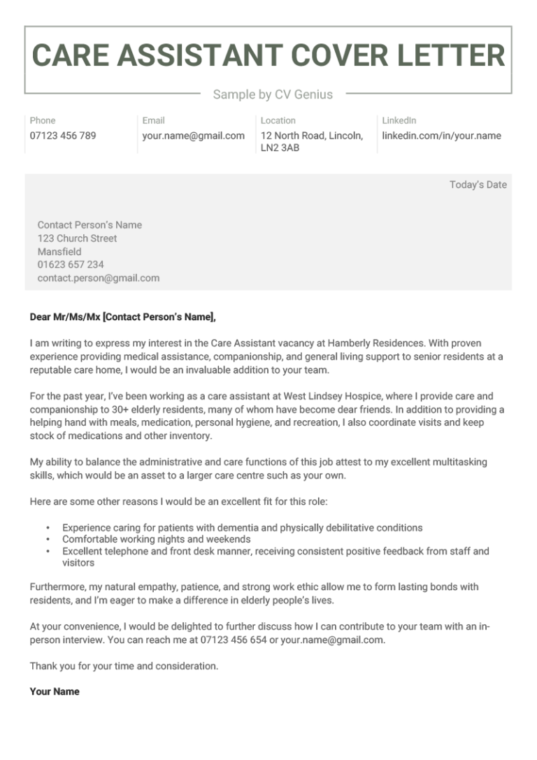 cover letter for health care assistant template