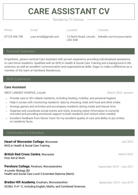 An example care assistant CV sample