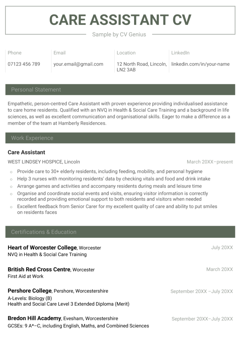 Care Assistant CV Sample with Template Tips 