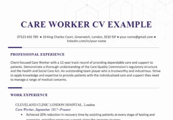 A care worker CV example on a template with a purple header in the top-middle of the template and a faded hexagon graphic in the background of the template to draw attention to the applicant's name and contact information