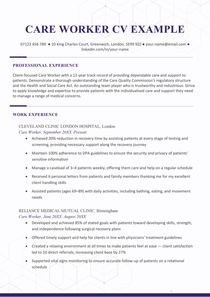 Care Worker CV Example Template Free Download   Care Worker Cv Example 1 724x1024 