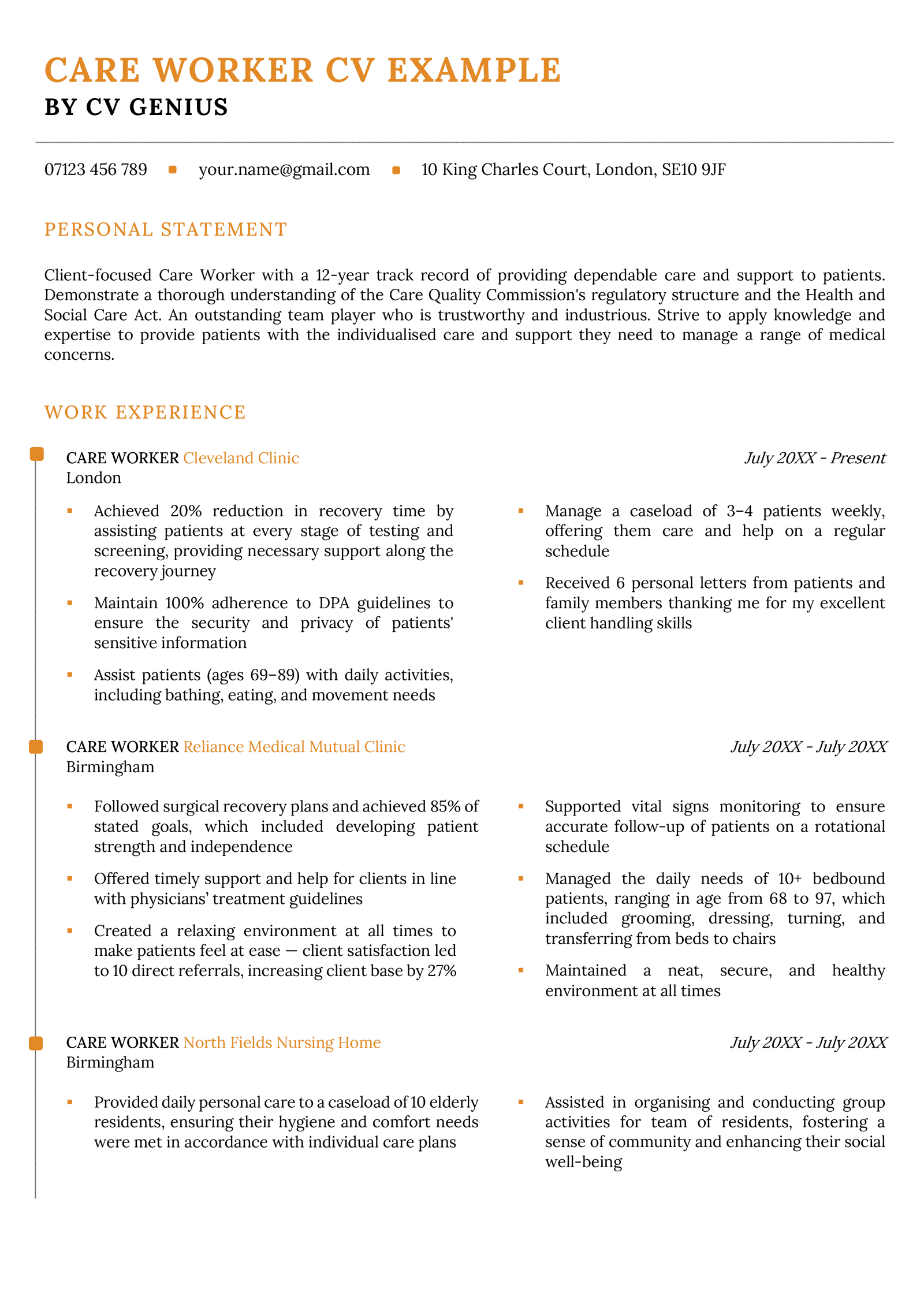 An extra CV example for a care worker that uses an orange colour scheme and a two-column CV layout.