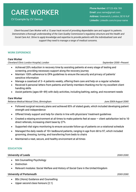 A care worker CV sample in the Wakefield CV template.
