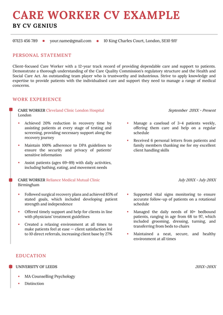 A care worker CV sample in the York CV template.