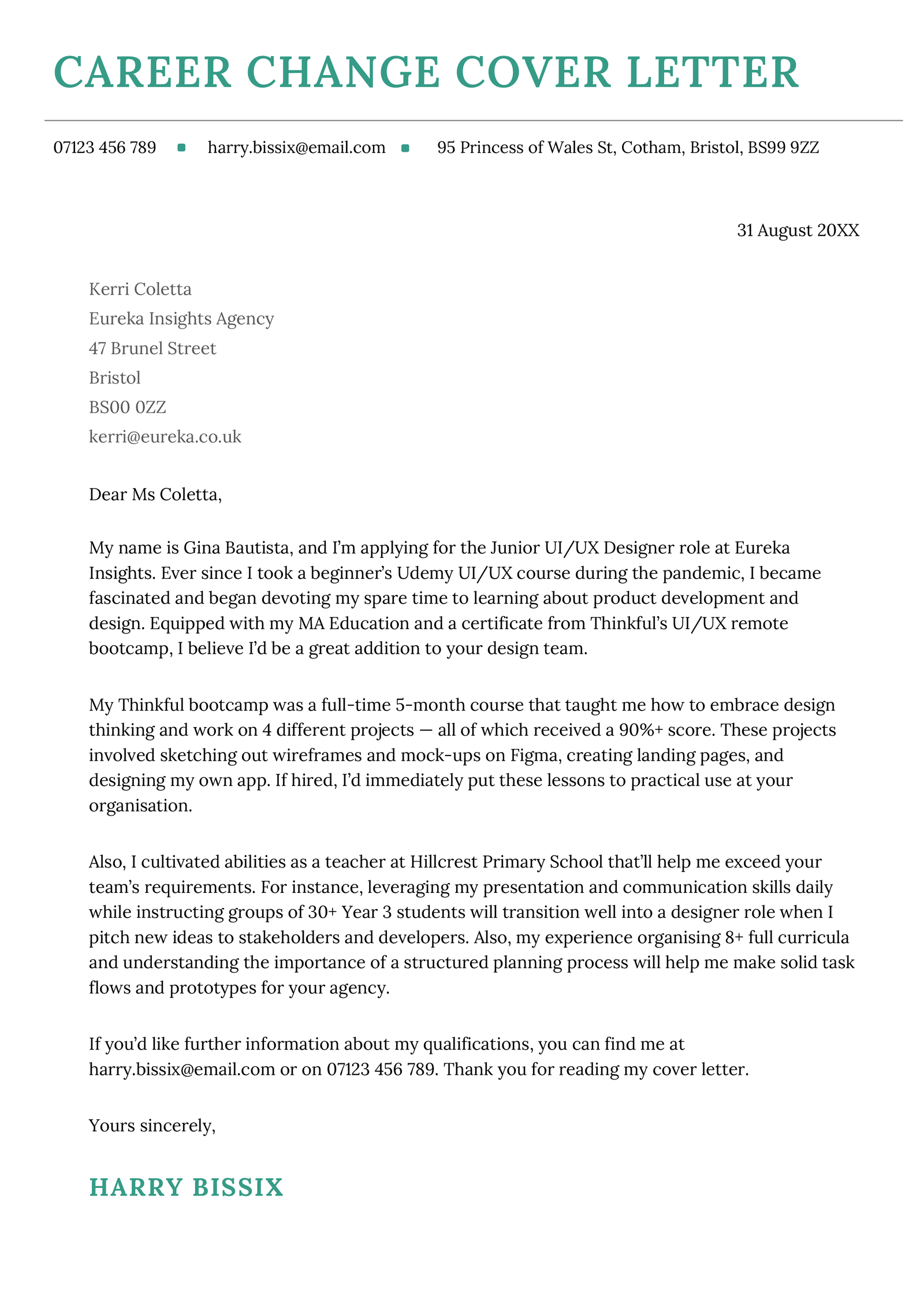 An example of a career change cover letter on a template with a green header to accentuate the applicant