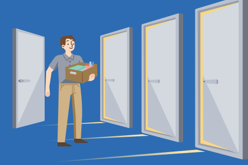 A person holding a box with their office supplies and standing in front of three doors to illustrate the career change CV concept.