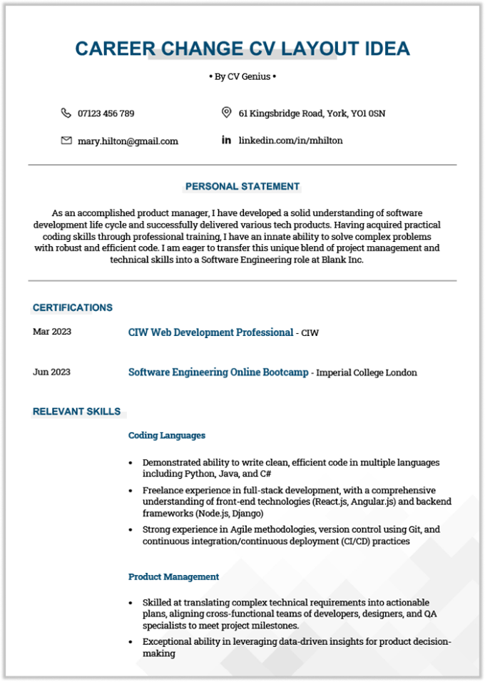 A CV idea for career changers in a blue-themed template with a greyscale design in the bottom-right corner.
