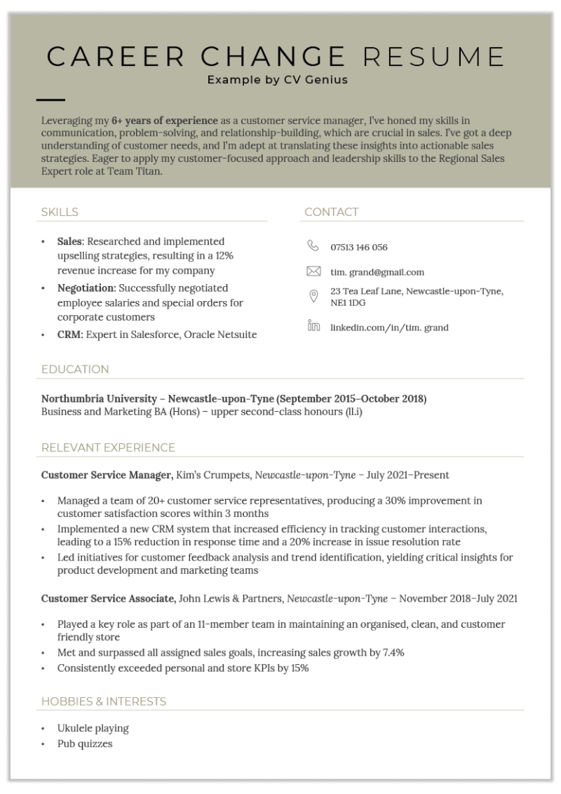 A resume example with a green header, side-by-side skills and contact information sections, and left-aligned education, work experience, and interests sections.