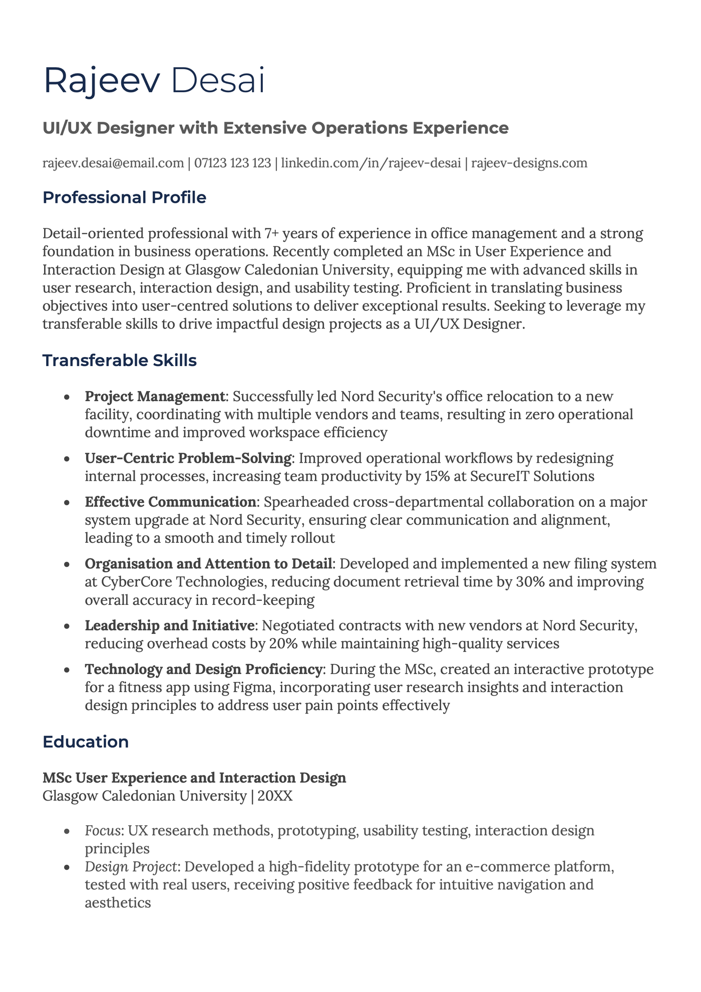 The first page of a two page career change CV.