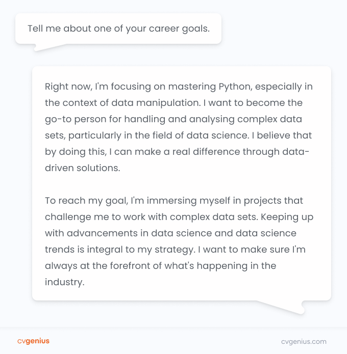 Two speech bubbles showing a job interview question and answer where the applicant explains their plans to learn Python.