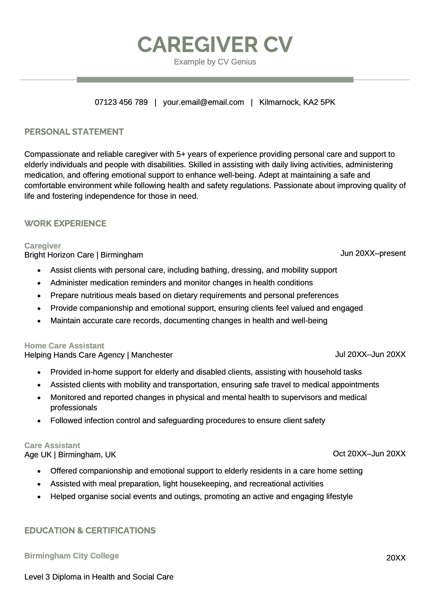 An example CV for a caregiver.